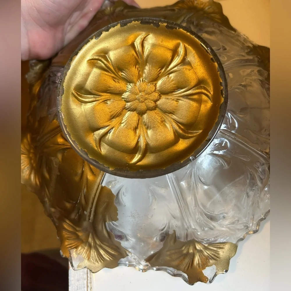Antique Goofus Glass Bowl Red Carnation Gold Scalloped Intaglio Floral Dish MCM